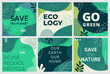 Set of Earth Day posters with green backgrounds, liquid shapes, leaves and elements. Layouts for prints, flyers, covers, banners design. Eco concepts.