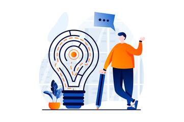 Finding solution concept with people scene in flat cartoon design. Man thinks how to get through labyrinth in light bulb form in best way and generates ideas. Vector illustration visual story for web