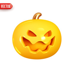 Canvas Print - Scary face pumpkin for Halloween. Festive decoration. Holiday decor. Realistic 3d design element In plastic cartoon style. Icon isolated on white background. Vector illustration