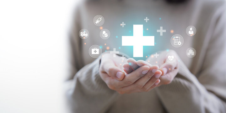 woman hand holding plus icon for the healthcare medical icon. health insurance health concept. acces