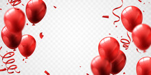 Celebrate With Red Balloons With Confetti For Festive Decorations Vector Illustration.