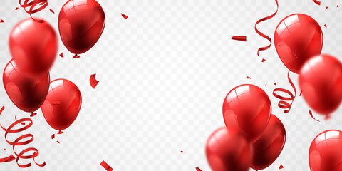 Wall Mural - Celebrate with red balloons with confetti for festive decorations vector illustration.