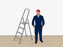 Male Character In Work Uniform Stands Near A Stepladder Indoors