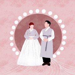 Portrait of couple in traditional Korean clothing, illustration