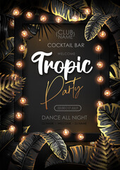 Wall Mural - Summer tropic party poster with black and gold tropic leaves and modern electric lamps. Nature concept. Summer background. Vector illustration