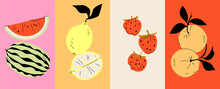 Fruit Poster Set Watermelon, Lemon, Peach And Strawberry. Modern Style, Pastel Colors