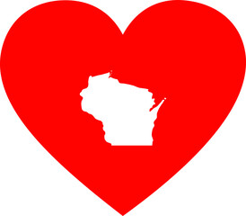 Wall Mural - White Map of US federal state of Wisconsin inside red heart shape