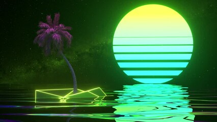 Wall Mural - Retro futuristic background. Palm tree and neon sunset in the ocean. Green blue color. 3d animation of seamless loop