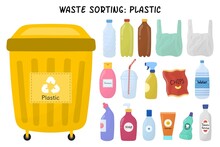 Plastic Garbage Sorting Set. Yellow Trash Can For Plastic Waste With Bottles And Packages. Separating And Recycling Objects Collection. Vector Illustration