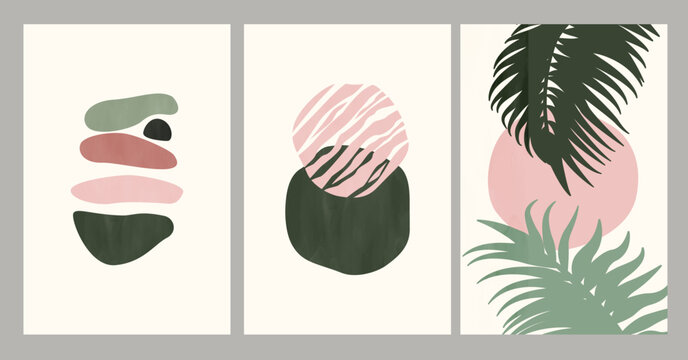 boho poster collection balance, sun, palm leave. set of modern minimalist abstract aesthetics illust