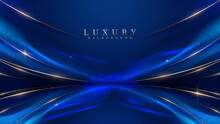 Blue Luxury Background With Golden Line Decoration And Curve Light Effect With Bokeh Elements.