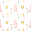 Seamless pattern of fairy tale princess elements (princess dress, golden hearts and rose), illustration on a white background