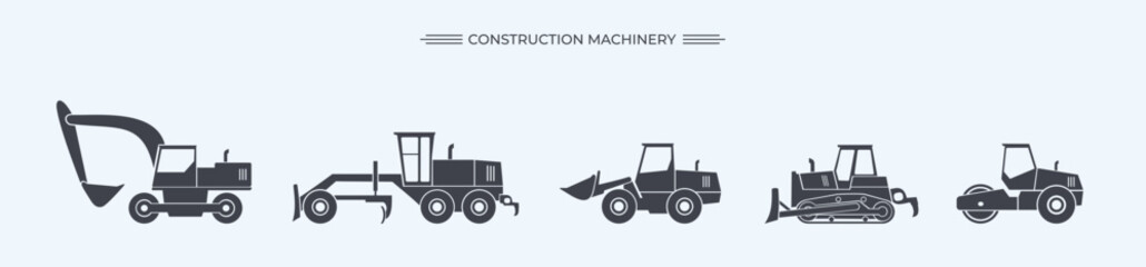 Construction machinery isolated SVG set. Special equipment for construction work. Excavator, tractor, bulldozers, asphalt road roller, road grader.Commercial vehicles.Flat vector illustration. Icon