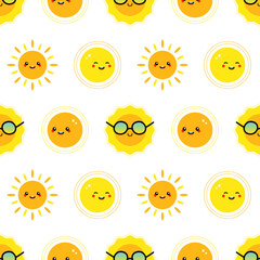Wall Mural - Vector seamless pattern background with variety of happy smiling sun characters for summer, vacation, weather design.
