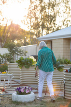 Lady From Behind In Her Garden With Petunias Planted In Tyre