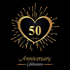Wall Mural - 50 years anniversary celebration with golden heart and fireworks isolated on black background. Premium design for weddings, birthday party, celebration events, banner, graduation, greetings card.
