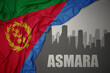 abstract silhouette of the city with text Asmara near waving colorful national flag of eritrea on a gray background.