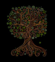 Aufkleber - Old big family tree with roots on black background. Concept Art for your design. Design interior ideas.