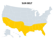 Sun Belt Of The United States, Political Map. Region With Desert, Subtropical And Tropical Climate. Generally Considered To Stretch Across Southwest And Southeast, Comprising The Southernmost States.