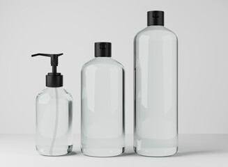 Wall Mural - different transparent glass bottles for hair and body care products 3d render, set of cosmetic conta