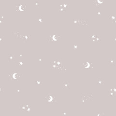 Seamless pattern with moon and stars. Space cosmos night sky textured vector background. Vector illustration, design for kids nursery, paper goods, background, wallpaper, and all your creative project