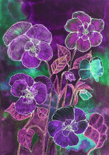 Pansies In The Night. The Dabbing Technique Near The Edges Gives A Soft Focus Effect Due To The Altered Surface Roughness Of The Paper.
