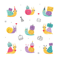 Sticker - Cute Snail Character with Shell Carrying Gift Box and Cupcake on Its Back Vector Set