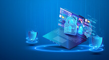 The Concept Of Data Security Protection On A Blue Laptop. Computer Network Security Technology. Processing And Online Data Protection Via A Secure Internet Connection. System Confidentiality.