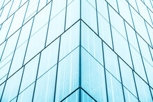 Underside Panoramic And Perspective View To Steel Blue Glass High Rise Building Skyscrapers, Business Concept Of Successful Industrial Architecture