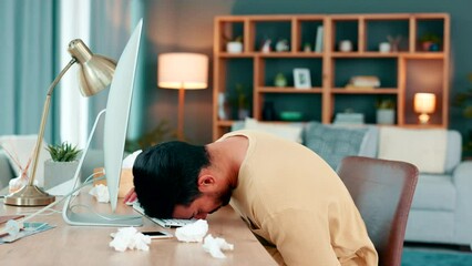 Poster - Man feeling sick and tired while working on his computer and working from home. Overworked freelance entrepreneur falling asleep and passing out at his desk while suffering from a cold or flu virus