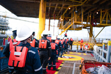 Offshore Queuing Workers Work On Decks During Disembarkation Operations To Rest On The Rig.