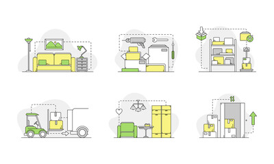 Wall Mural - Logistics and transportation concept. Packaging, processing, storage linear vector illustration