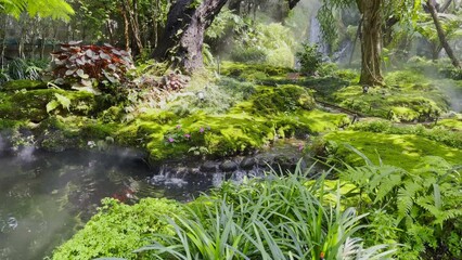 Canvas Print - The garden with waterfalls and beautiful trees with koi fish is relaxing and refreshing.