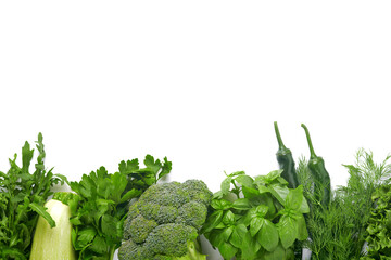 Wall Mural - Fresh green herbs. Frame or set of various green vegetables and vegetable, seeds, superfood, leaf, basil, dill, sage, parsley, arugula on white background. Healthy food. Top view. Mock up. Copy space.