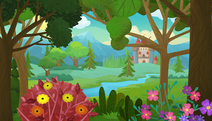 Wall Mural - Cartoon scene beautiful castle in the forest illustration