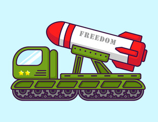 Wall Mural - Cute War Machine Truck with Missile in Cartoon. Vehicle Vector Illustration. Flat Style Concept.