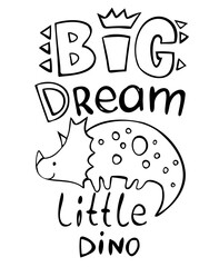 Wall Mural - Cute Dinosaur and Lettering Little Dino isolated on white. Vector illustration. Perfect for print, coloring book, greeting card.