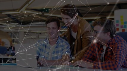Poster - Network of connections over group of diverse business people using laptop at office