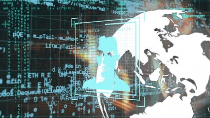 Poster - Animation of dna strand, data processing over globe and biometric face id on dark background