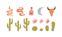 Wild West Objects On Isolated Background. Snakes, Rum Bottle, Moon, Bull Skull, Cactus And Abstract Flowers. Vector Illustration In Western Style.
