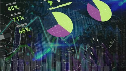 Poster - Animation of data processing over world map on black background