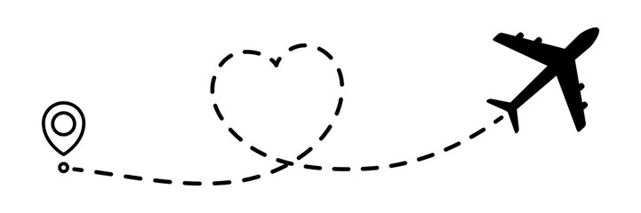 Poster - airplane line dotted path in heart shape. plane flight route with start point and dotted line trace.