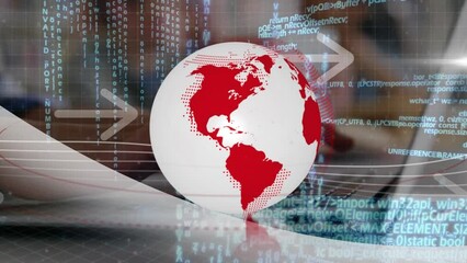 Poster - Animation of globe, arrows and data processing over blurred people and laptop