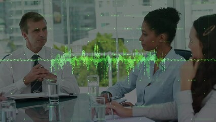 Poster - Animation of diverse business people talking over data processing