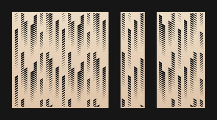 Laser cut patterns. Vector set with abstract geometric texture, halftone lines, fading stripes, tracks. Decorative stencil for laser cutting of wood panel, metal, plastic. Aspect ratio 1:1, 1:4, 1:2