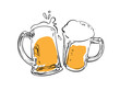 Sketch of two toasting beer mugs. Cheers. Clinking glass tankards. Hand drawn vector illustration.