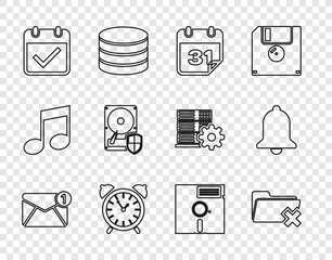 Sticker - Set line New, email incoming message, Delete folder, Calendar, Alarm clock, with check mark, Hard disk drive HDD protection, Floppy the 5.25-inch and Ringing bell icon. Vector