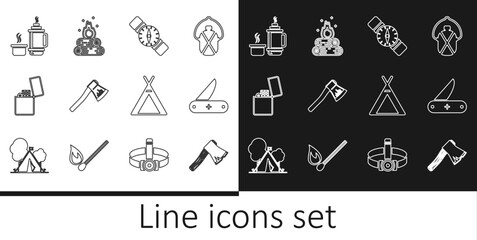 Poster - Set line Old wooden axe, Swiss army knife, Compass, Wooden, Lighter, Thermos container, Tourist tent and Campfire icon. Vector