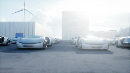 Wall Mural - Futuristic electrick cars on warehouse parking. Logistic center. Green energy concept. Realistic 4k animation.