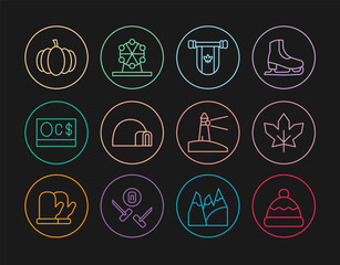 Sticker - Set line Beanie hat, Canadian maple leaf, Pennant Canada, Igloo ice house, dollar, Pumpkin, Lighthouse and Ferris wheel icon. Vector